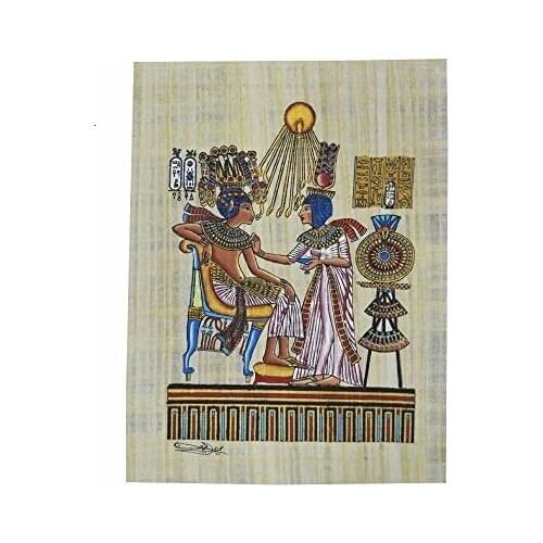 Tut ANK Amón y su Mujer sobre un papiro Original Hecho y Pintado a Mano en Egipto, Mide 33x43 cm Aproximadamente. Ref. 43V-G