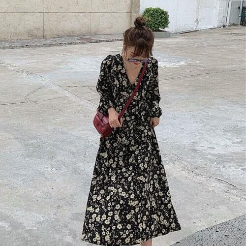 Spring Summer Chiffon Dress Women V-Neck Floral Print Dresses Sweet Long Sleeeve Slim Classic Style Dresses