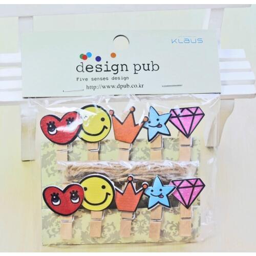 10 pcs/lot Crown Diamond Series Wooden Clip Photo paper Clothespin Craft Clips Party Decoration Clip with Hemp Rope