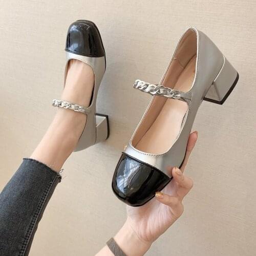 Pearl White Heels Patent Leather Vintage Mary Shoes Low-heel Big Head Buckle Ballet Shoes Mixed Color Crude Heel Womens