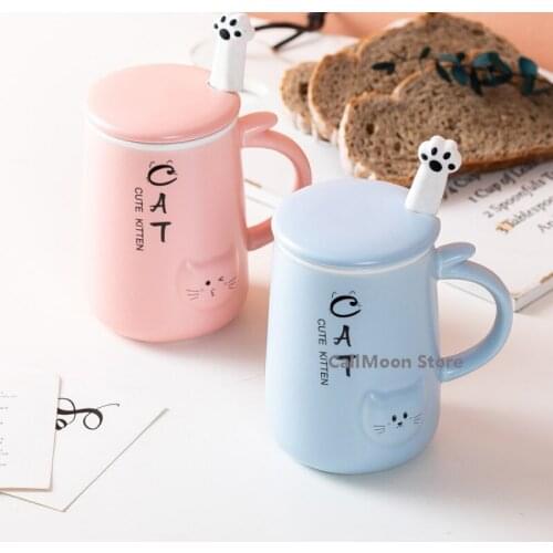 Water Coffee Cup 400ml Kawaii Cat Ins Ceramic Cup Student Korean Style Cartoon Mug with Lid Spoon Milk Cute Coffee Mugs and Cups