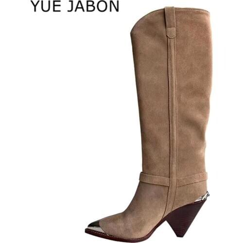 Metal Pointed Toe Knee High Boots Women Rhinestone Inlay Wedge Heels Suede Knight Boots Cozy Kidsuede Runway Shoes Botas Mujer