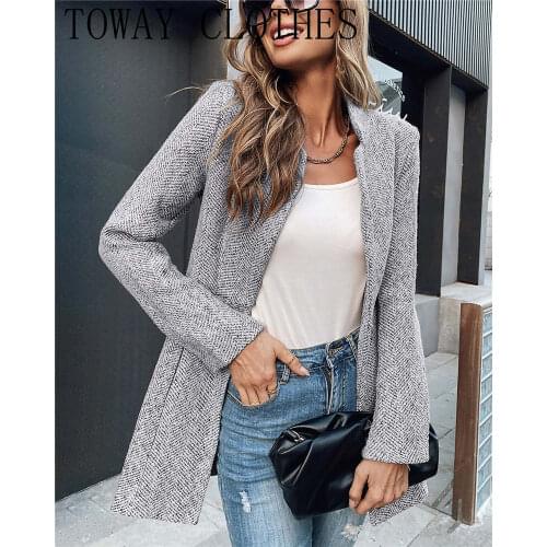 Women Casual Pocket Design Open Front Long Sleve Slim Coat Autumn and Winter Office Ladies Stand Neck Cardigan Elegant