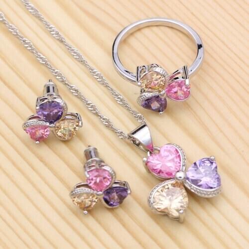 Heart Shaped 925 Silver Jewelry Sets Multicolor Cubic Zirconia Pendant Necklace Ring Stud Earrings For Women Party Accessories