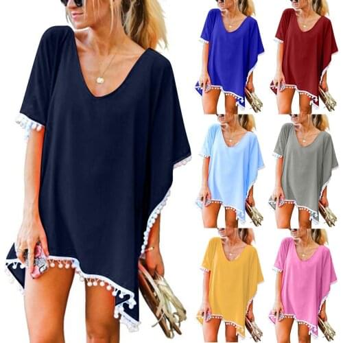Womens Trim Kaftan Chiffon Tassels Swimwear Beach Loose Bikini Cover Up Tops