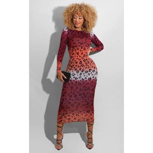 2021 New Style Women Casual Long Dress Wine Red Long Sleeve Round Collar Leopard Printed Skinny Maxi Dress Slim Oversize 3XL