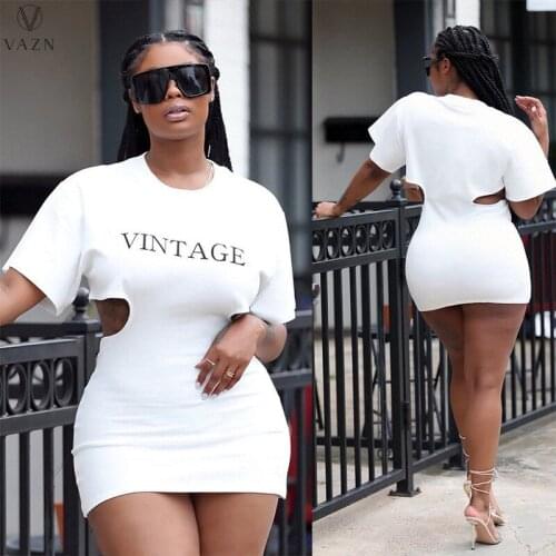 VAZN 2021 Fashion Ladies Hot Sale Street Hip Hop Style Short Dresses Short Sleeve Round Neck Printed Hollow Out Mini Short Dress