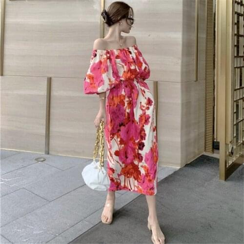 Robe Femme Print High Waist One Word Shoulder Vacation Short Sleeve Abstract Vestidos Fashion Commuter Summer Dress For Women