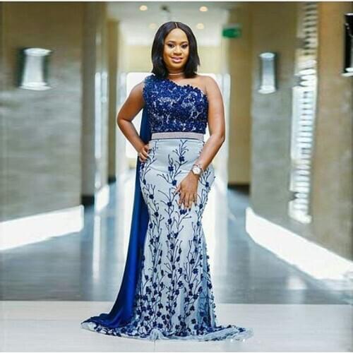 Aso Ebi Prom Dresses платье vestido de festa Navy Blue Beading Prom Celebrity Dresses Long Robe De Soiree Floral Prom Gowns