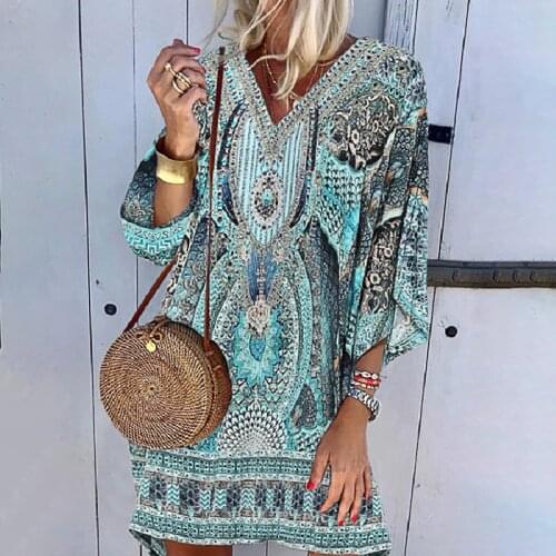 Summer Boho Beach Dress Women Vintage Dresses V-neck Printing Long Sleeves Dress Leisure Time On Vacation Sundress Robe Femme #S