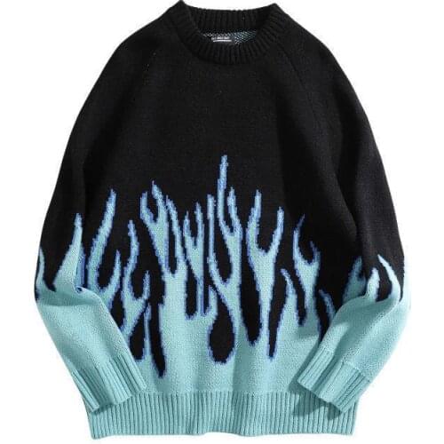 Winter Fashion Print Sweater Female Hip-hop Style Flame Jacquard Womens Sweater Traf Couple Pullover Knit Loose Women Sweater