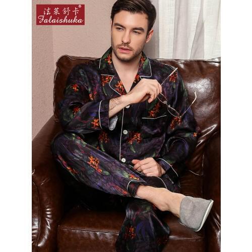 16 momme Fashion 100% silk pajamas sets mens sexy noble 100% mulberry silk retro Long sleeve pyjamas natural silk sleepwear men