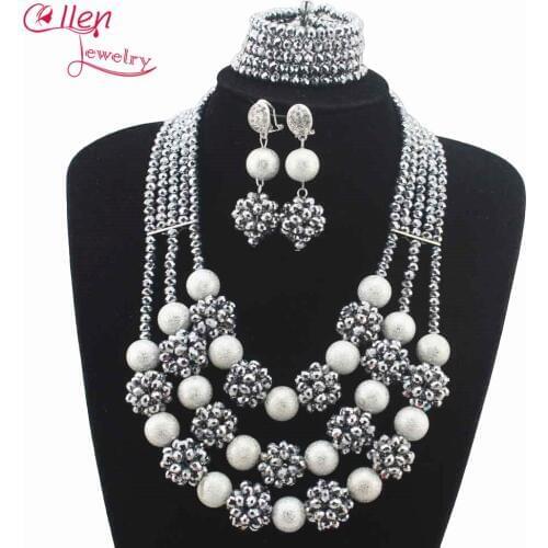 2016 New Crystal Balls Silver Plated Nigerian Wedding Jewellery African Beads Bridal Jewelry Sets Necklace Free Shipping W12823