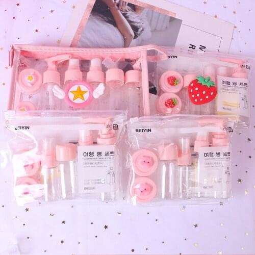5/6/7pcs Travel Portable Cosmetic Sub-Bottle Set Cartoon Pig Sakura Straberry Make Up Container Plastic Storage Jar Spray Bottle
