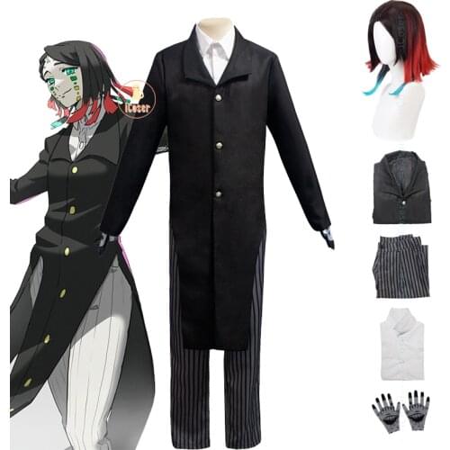Anime Kimetsu no Yaiba Enmu Cosplay Costume Demon Slayer Enmu Black mix Red Green Wig Party Uniform Set Halloween Black Outfit