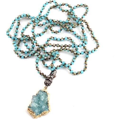 Free Shipping Fashion4mm Mini Blue Green Glass Knotted Blue Natural Druzy Pendant Necklaces For Women Ethnic Necklace