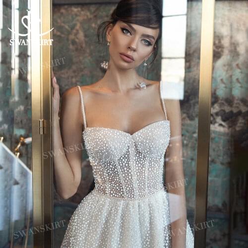 Shiny Sleeveless Wedding Dress 2021 New Beach Beaded A-Line Train Bridal Gown Princess SwanSarah L103 Plus Size Vestido De Novia