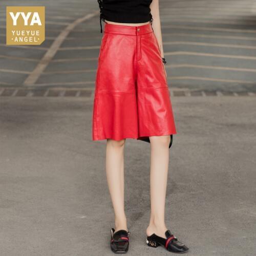 Fashion Womens Knee Length Sheepskin Genuine Leather Wide Leg Pants Loose Fit Streetwear Hip Hop Casual Joggers Harem Pants 4XL
