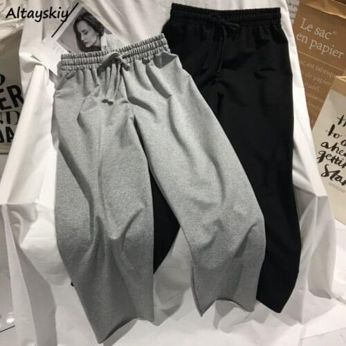 Solid Pants Women Wide Leg Elastic Waist Bandage New Loose Simple School Girls Breathable Soft Stretchy All-match Ulzzang Trendy