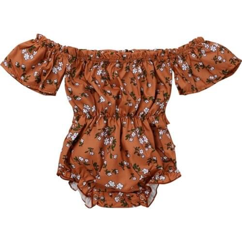 Lioraitiin 0-24M Newborn Infant Baby Girls Flower Print Jumpsuit Elastic Off Shoulder Short Sleeve Short Pants Romper
