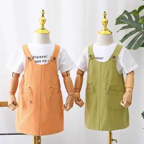 Girls Suspender Skirt Set 2021 Summer New Children Short Sleeve + Dresses Two Pieces Sets Vetement Fille Ubrania Dla Dziewczynek