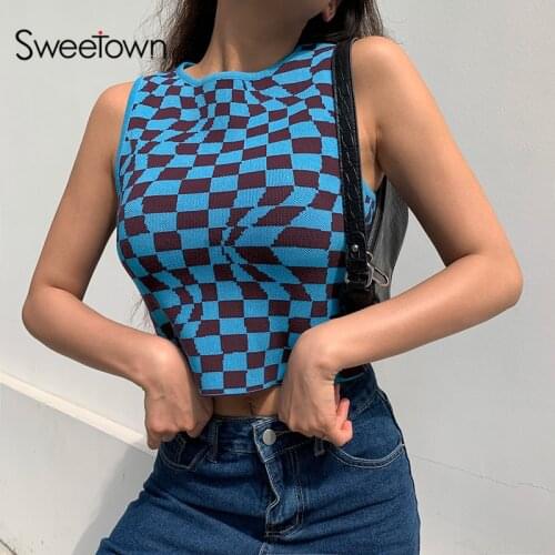 Sweetown Summer Knit Crop Top Women Sleeveless Y2K Tank Top Basic T Shirts Casual Checker Plaid Vest Streetwear Tank Top Vintage