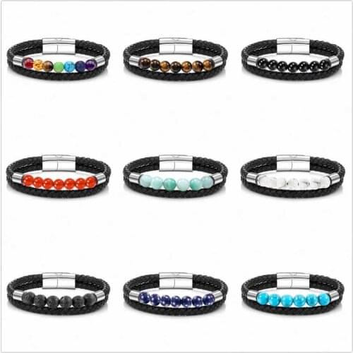 Fashion mens and womens Leather Bracelet lava essential oil diffusion bracelet natural stone Beaded Steel Cuff Bracelet