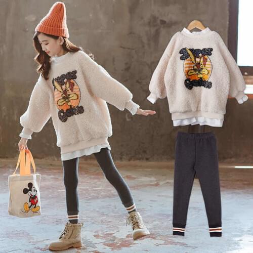 Cartoons Winter Spring Autumn Sweater Warm Kids Suit Girl Plus Velvet Lamb Wool Pink Beige Outfits Boutique Teens Sports Childre