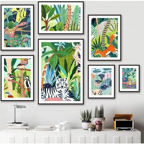 Jungle Animals Nordic Poster Tiger Leopard Fox Bird Forest Fish Snake Wall Art Pictures Kids Room Decoration Canvas Painting
