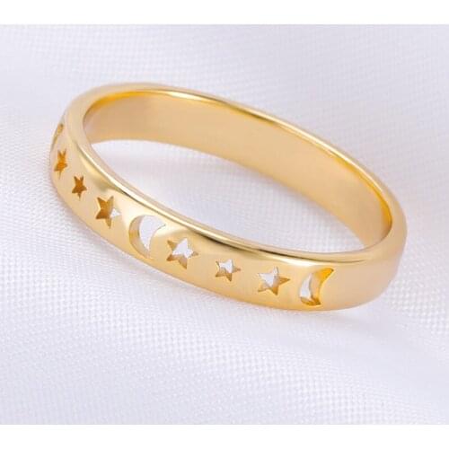 New Stainless Steel Simple Hollow Star Sun Moon Shape Ring Golden Punk Mens Womens Holiday Gift Party Jewelry Wholesale