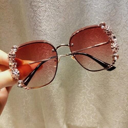 Korean Version Inlaid Diamond Sunglasses Women Driving Anti Ultraviolet Small Big Face Round Thin Travel Frameless Crystal