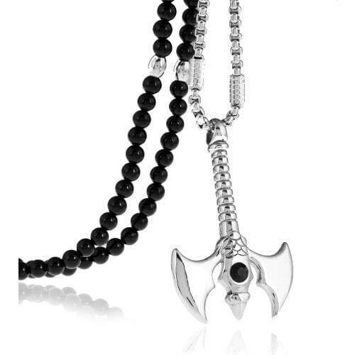 Viking Thors Hammer Stainless Steel Pendant Necklace with Black Natural Stone Beaded Necklace 27inches