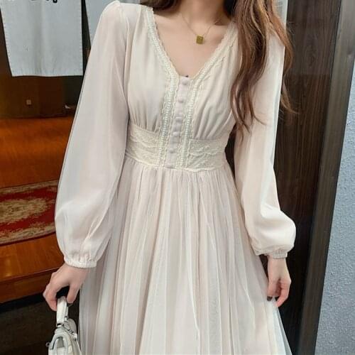 2021 New French Princess Dress Women Spring V-neck Mesh Lace Maxi Dress Elegant Vintage A-line Long Sleeve Vestidos Female