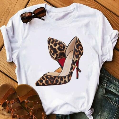 Harajuku Casual T-shirts Tops Gift for Girlfriend Pink High Heels T Shirt Girl Lady Floral Bow Shoes Tees Women Summer T-Shirt