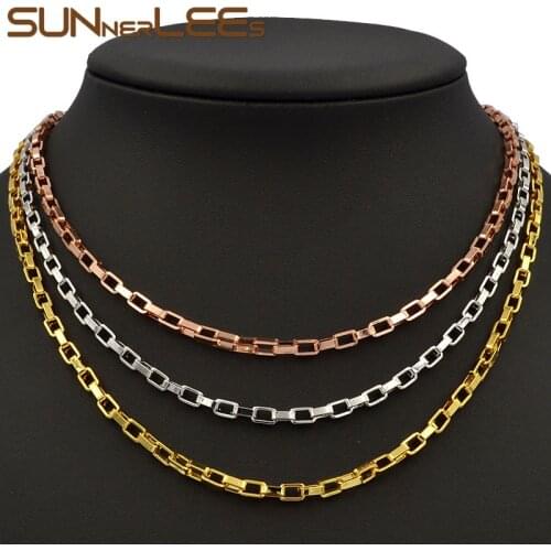 SUNNERLEES Fashion Jewelry White Rose Gold Color Necklace 3mm Box Link Chain Mens Womens Gift C12