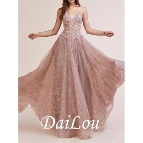 A-Line Sparkle Engagement Prom Dress V Neck Sleeveless Floor Length Lace with Sequin Appliques 2021