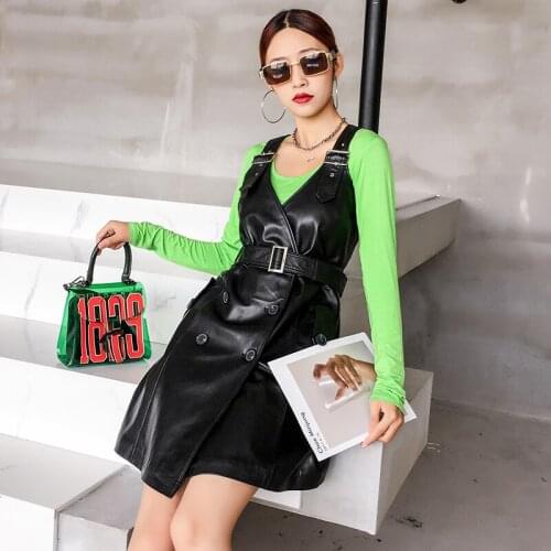 High Quality Genuine Sheepskin Leather Dresses Female Slim Mini Dress Strapless Dress Ladies Womens Summer Dress Ropa Zjt2546