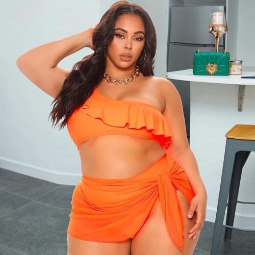 XL-5XL Neon Orange Plus Size 3 Piece Bikini Set Summer Outfit for Women One Shoulder Ruffles Crop Top+underpant+mini Skirt Hot