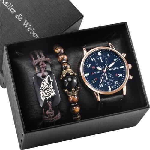 Fashion Man Watch Gift Box Quartz Rose Gold Case Leather Watchband Pin Buckle Mens Wrist Chain Birthday Gifts Set for Friends