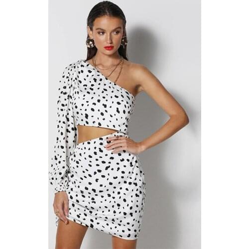 Woman Dot Dress Long Sleeve Inclined Shoulder Draw String Dress High Waist Hollow Out Pleated Party Dresses Summer 2021 Fashion