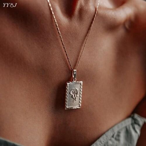 Embossment rose floral square pendant necklace for women rectangle geometry vintage pendant necklace stainless steel gold plate