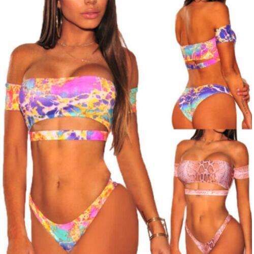 2019 Summer Women Bikini Set Multi Color Off Shoulder Swimwear Ladies Bathing Suit High Waist Strapless Swimwear Beachwear
