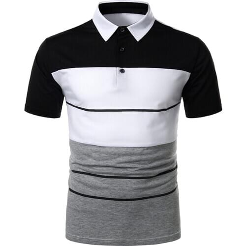 2020 Summer Men Striped Turn Down Collar Short Sleeve Top with Buttons Gentlemen Smart Casual Slim Fit Jersey T-shirt Tee