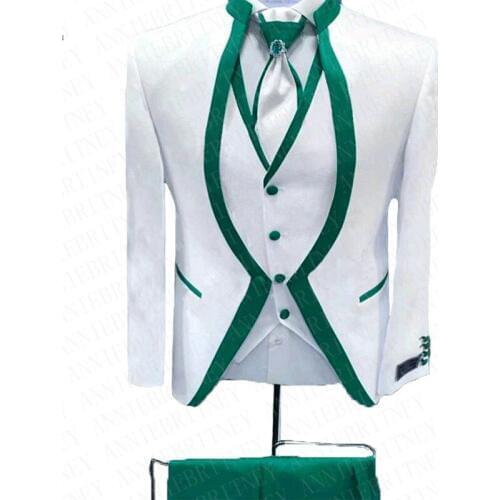 2020 White Floral Green Rim Stage Clothing For Men Suit 3 Pieces Mens Wedding Suits Costume Groom Tuxedo Formal