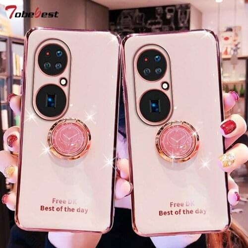 360 Clock Finger Ring Case For Huawei P50 Pro P50Pro Plating Coque Stand Bracket Soft Silicone TPU Phone Cover