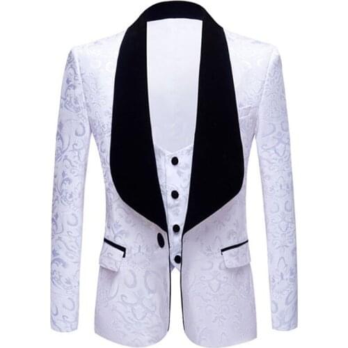 White Jacquard Blazer 2 Piece Vest Blazers Men Casual Slim Shawl Lapel Suit Wedding Stage Singer Performance Costume Homme