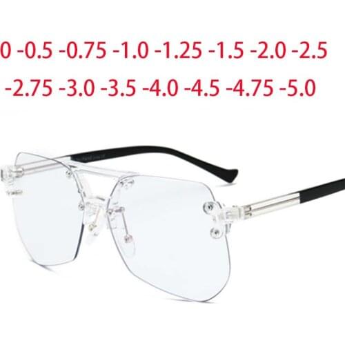Rimless 1.61 Blue Light Blocking Polygon Prescription Eyeglasses Women Men Big Lens Myopia Spectacle Diopter 0 -0.5 -1.0 To -5.0