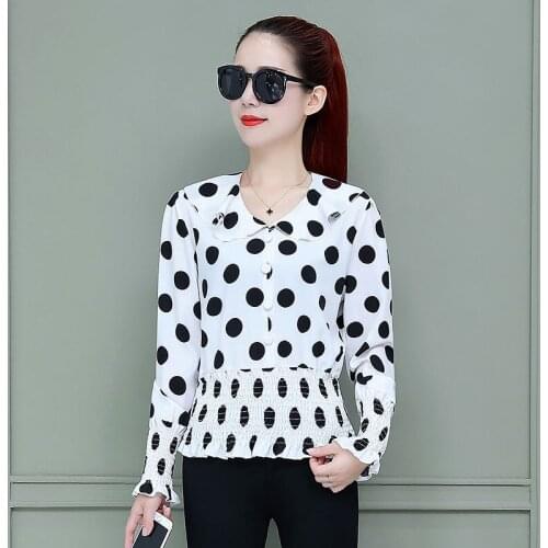 Womens Spring Summer Style Blouses Shirt Womens Elegant Patchwork Button Long Sleeve V-neck Polka Dot Casual Tops SP044