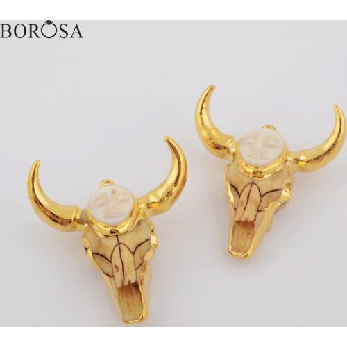BOROSA 5/10Pcs Gold Plated Cattle Longhorn Shape Resin Charm Longhorn Paved Face Charm Bull Horn Charms for Necklace G1877