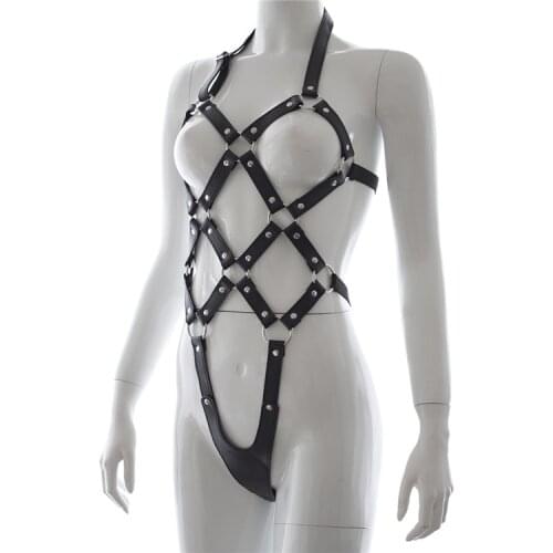 Black Faux Leather Fetish Sex Bondage Restraint Catsuit Teddy Sexy Lingerie for Women Body Harness for Women Bodysuit Costumes